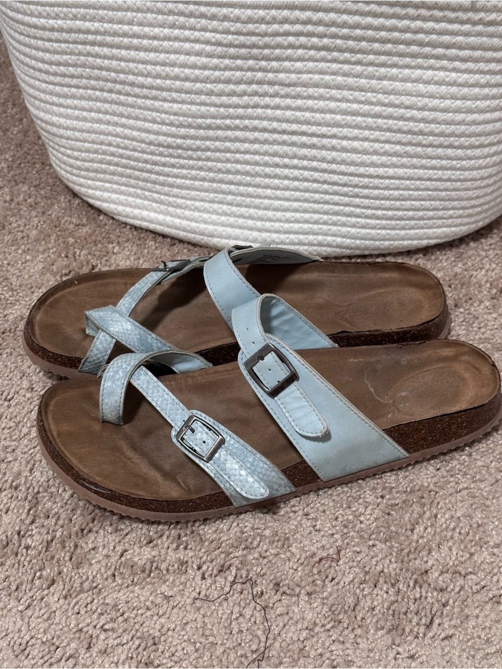 Light Blue Strappy Slide Sandals with Buckle Accent